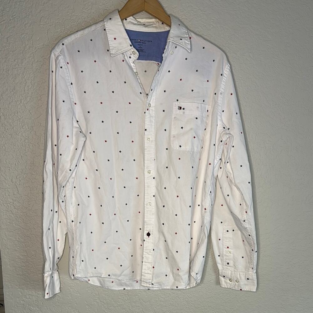 Tommy Hilfiger White Slim Fit Shirt Stars Patriotic USA Summer Vacation July 4th